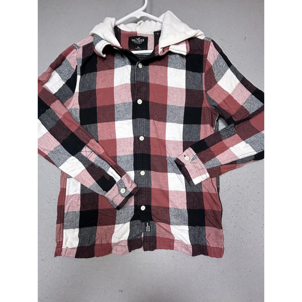 Hollister Hooded Flannel Shirt Cotton Blend Plaid Red Black White XS Mens